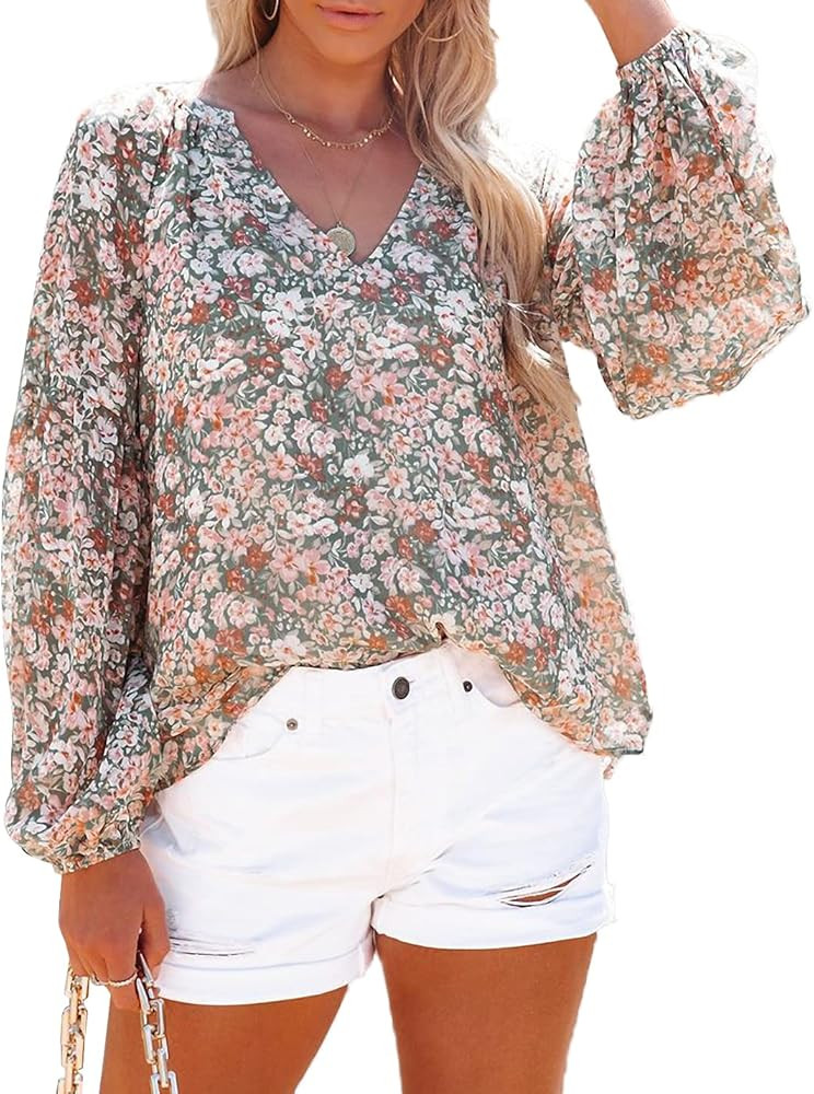 MLEBR Womens Long Sleeve V Neck Casual Floral Leopard Printed Chiffon Blouses Tops T Shirts | Amazon (US)