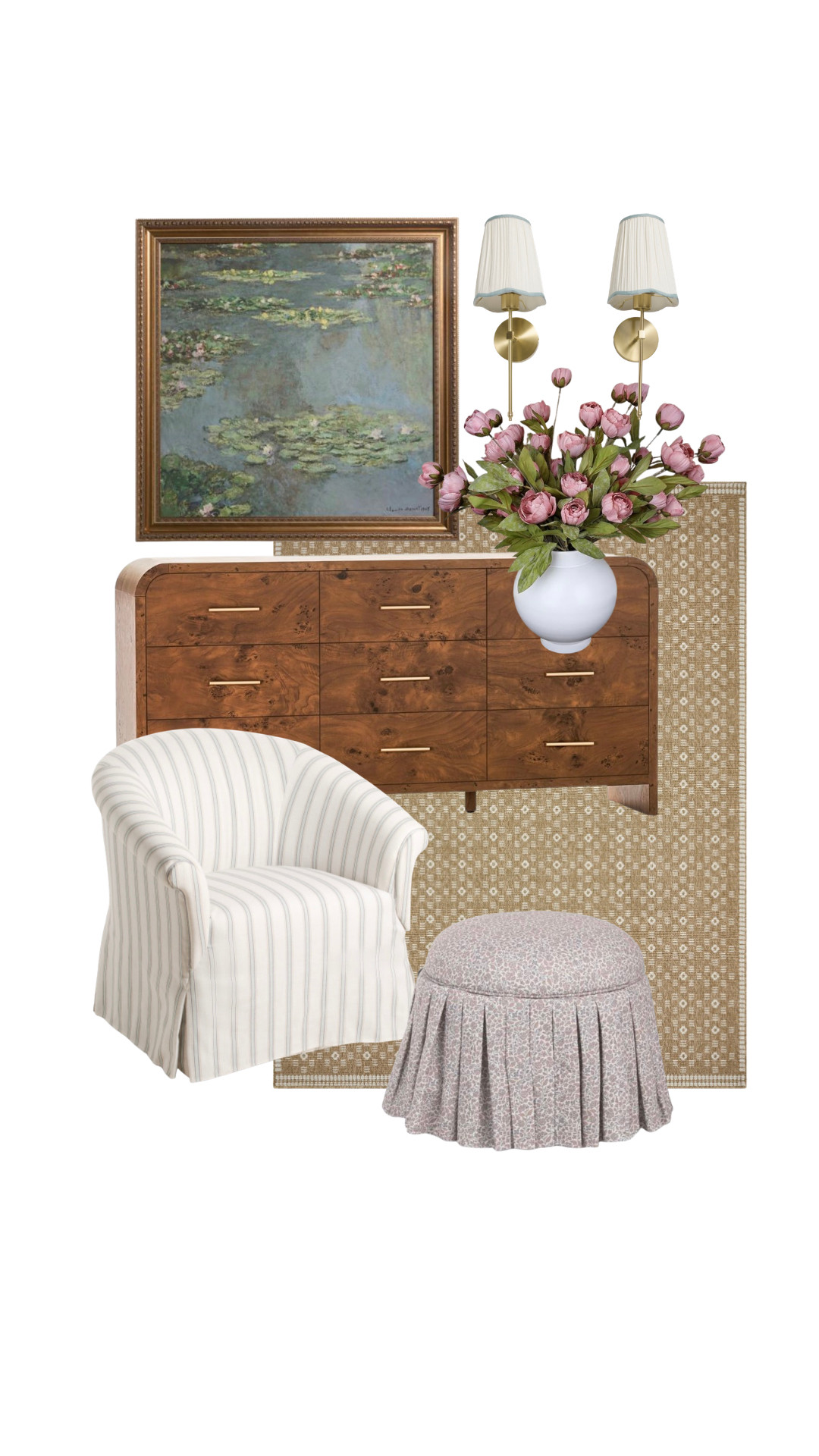 Classic home, art, swivel chair, ottoman, faux florals, sconces  

 #LTKHome