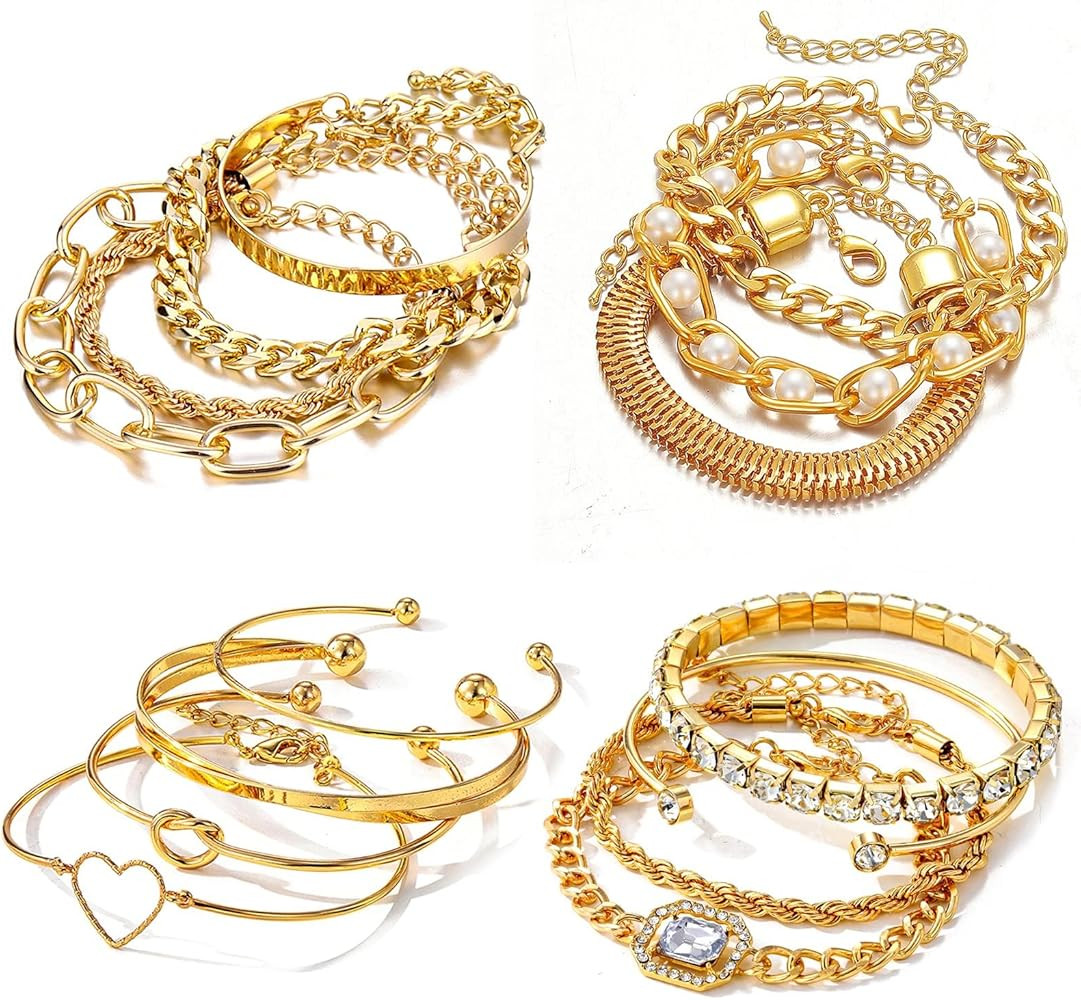 15 Pcs 14K Plated Gold Bracelets Set for Women, Multiple Layered Stackable Open Cuff Bangle, Adju... | Amazon (US)