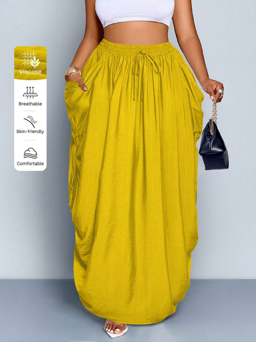 SOLERSUN Plus Size Women's Mustard Yellow Solid Color Pleated Drawstring Waist Casual Loose Skirt... | SHEIN