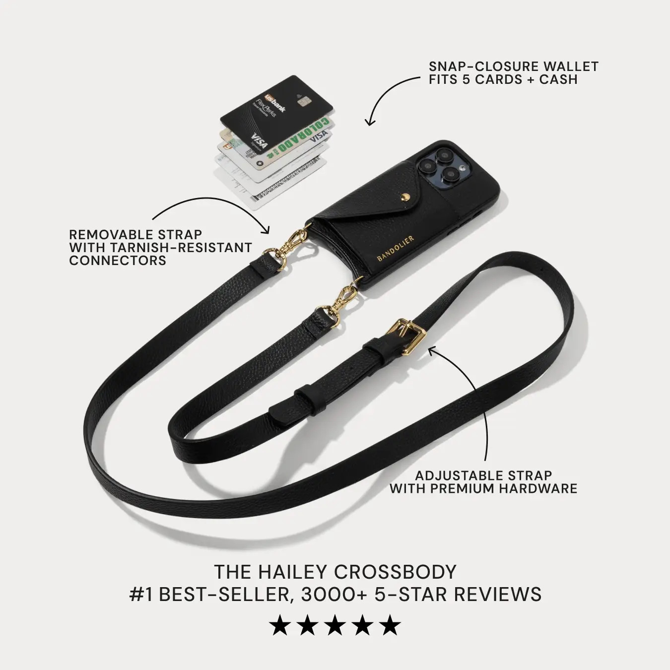 Hailey Side Slot Leather Crossbody Bandolier - Black/Gold | Bandolier