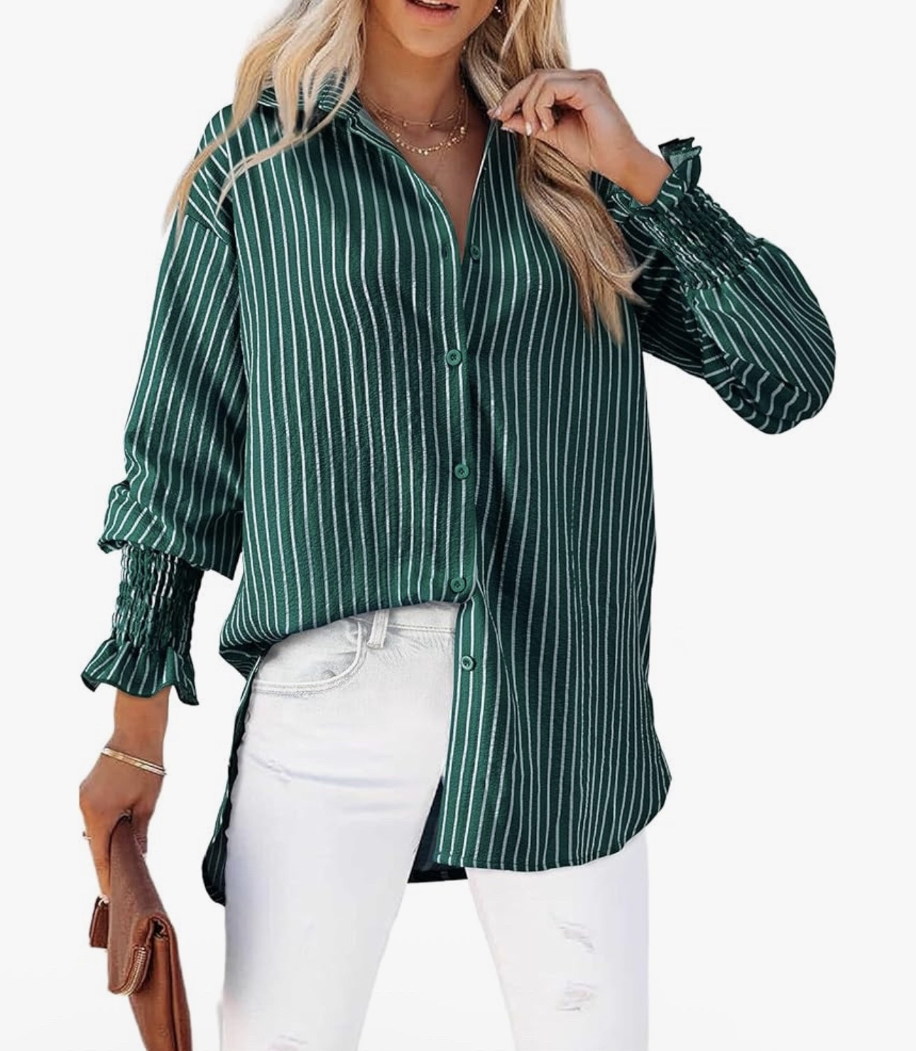 Women's Striped Button Down Shirts Long Sleeve Smocked Cuffed Oversized Boyfriend Blouses Collared Work No Pockets Tops

#LTKSeasonal #LTKStyleTip #LTKHoliday