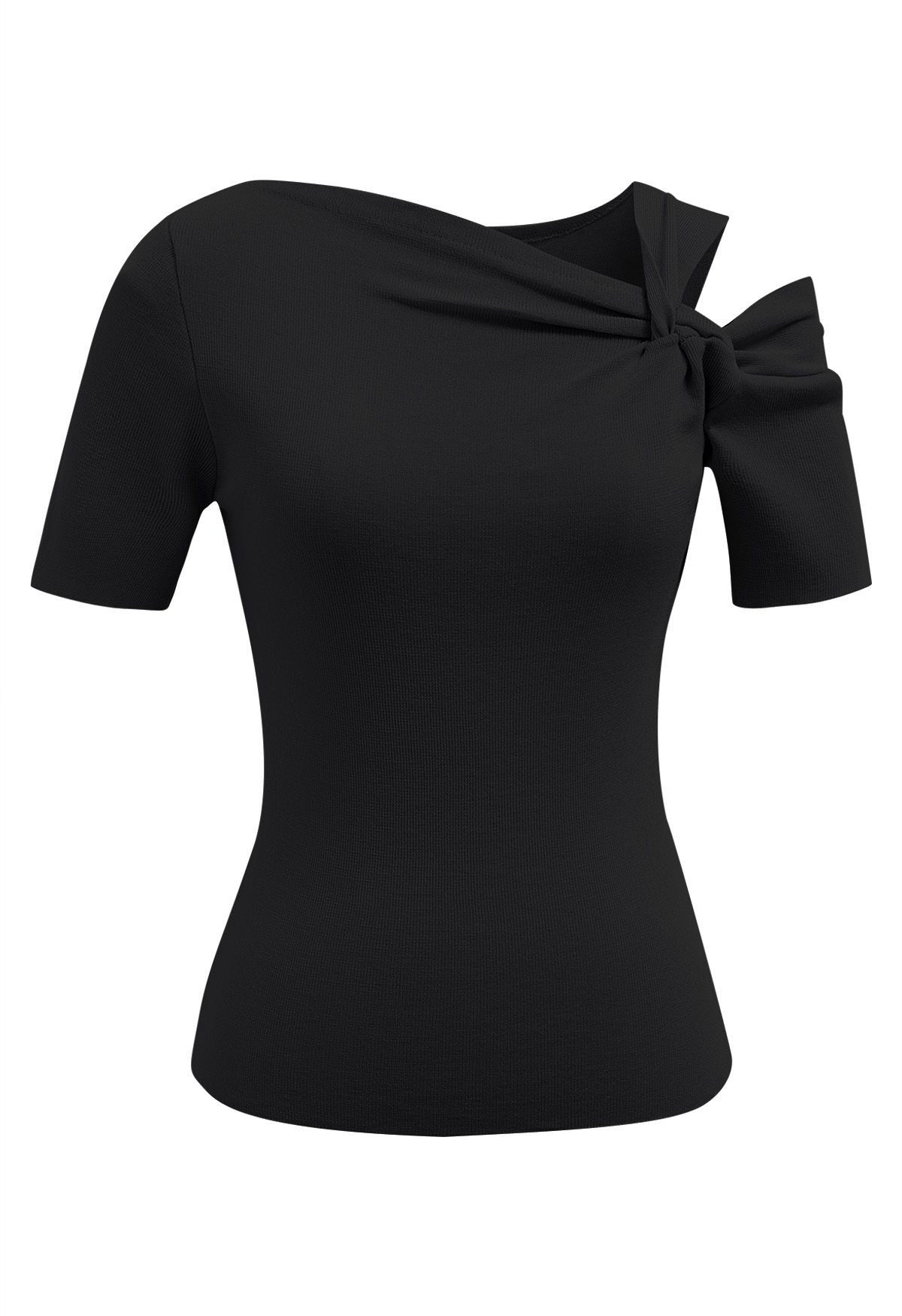 Stylish Knotted Shoulder Stretchy Knit Top in Black | Chicwish