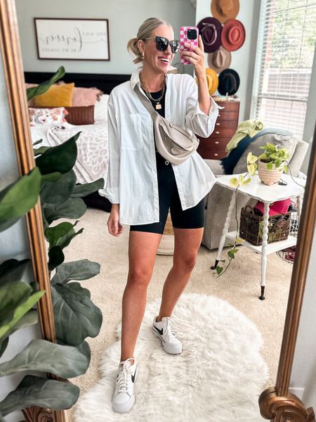 Cool mom OOTD✨😎
Sports bra and biker shorts fit tts 
White button down is oversized and wearing a small 
Sneakers fit tts 

#LTKstyletip #LTKfindsunder50 #LTKfitness