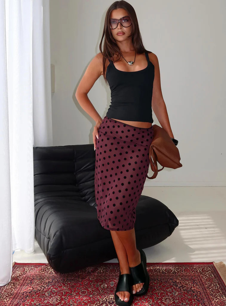 Evani Sheer Chiffon Midi Skirt Polka Maroon | Princess Polly US