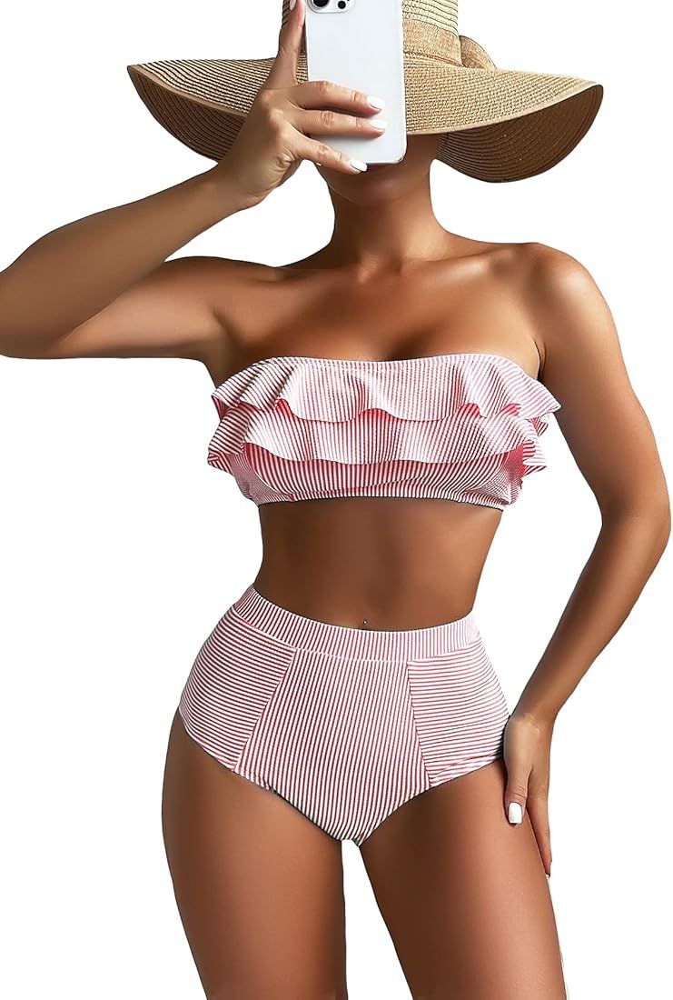 Floerns Women's Ruffle Trim Bandeau High Waist Striped Print 2 Piece Bikini Set | Amazon (US)