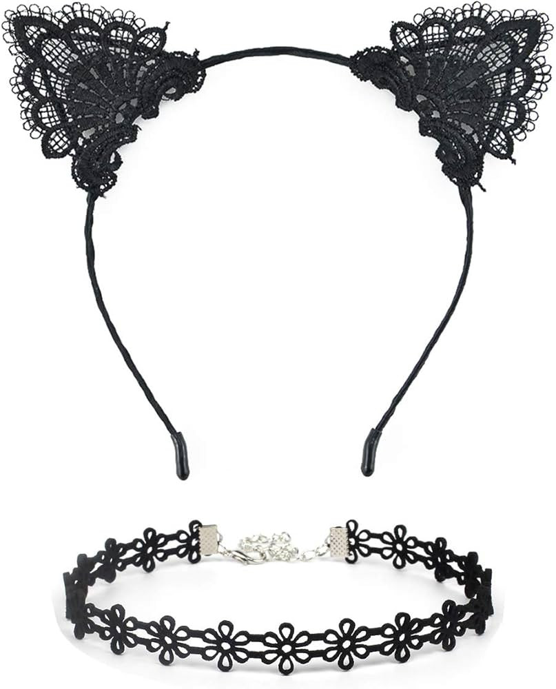 Ferenu 2PCS Black Lace Cat Ear Headbands & Lace collar for Birthday Party Gift Women Hoop Head Gi... | Amazon (US)