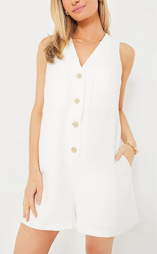 LifeShe Women's Sleeveless Tweed Jackie Rompers Summer V Neck Button Down Short Jumpsuits Loose O... | Amazon (US)