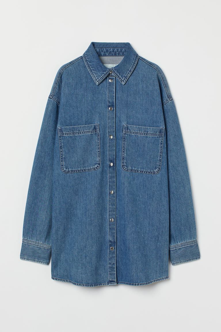 Shirt jacket in thick, washed cotton denim. Collar, snap fasteners at front, and yoke at back. Op... | H&M (US + CA)