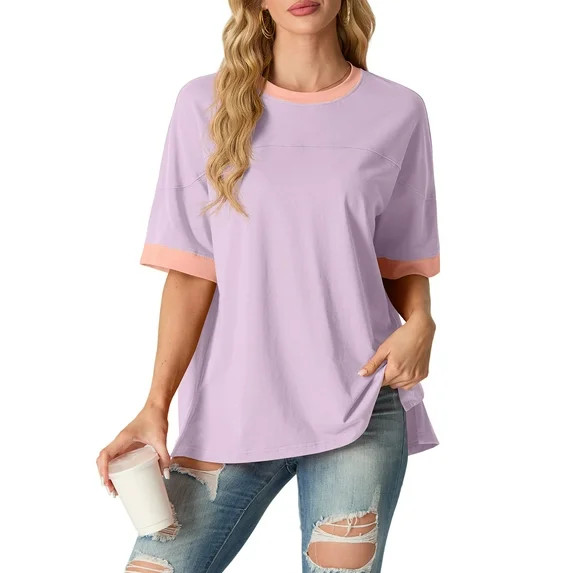 JWD Women's Top Short Sleeved T-Shirt Round Neck Casual Blouses Patchwork Split Hem Tee Top Light... | Walmart (US)