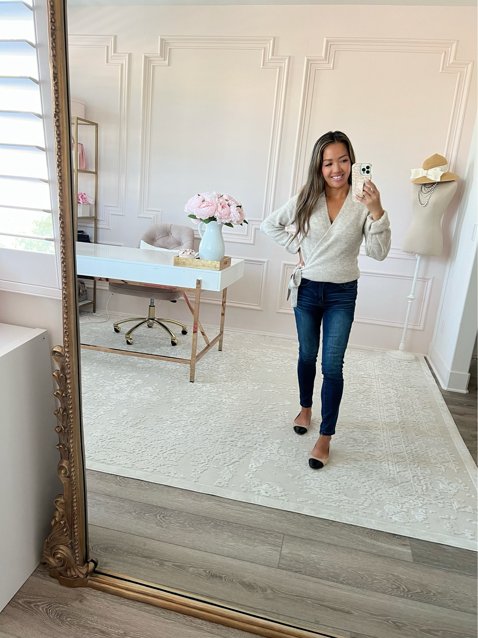 neutral wrap sweater, petite jeans, cap toe flats 

#LTKxNSale #LTKunder50 #LTKstyletip