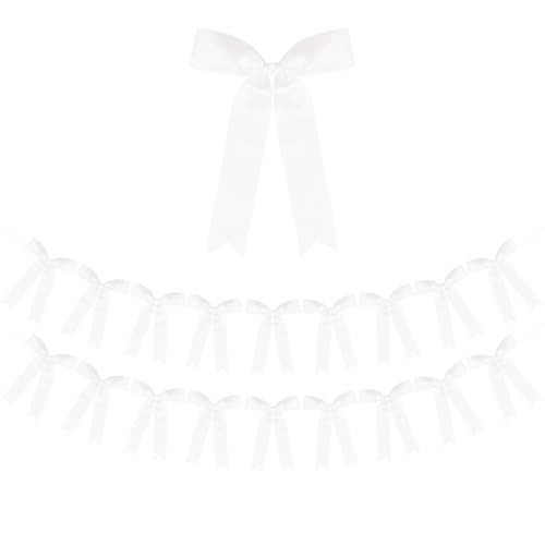 White Bow Garland Banner 2 Strings 18PCS, Pre-Strung Satin Ribbon Bow Ornaments for Birthday, Baby Shower, Bridal Shower, Wedding, Bachelorette Party, Engagement, Anniversary, Graduation Decor | Amazon (US)