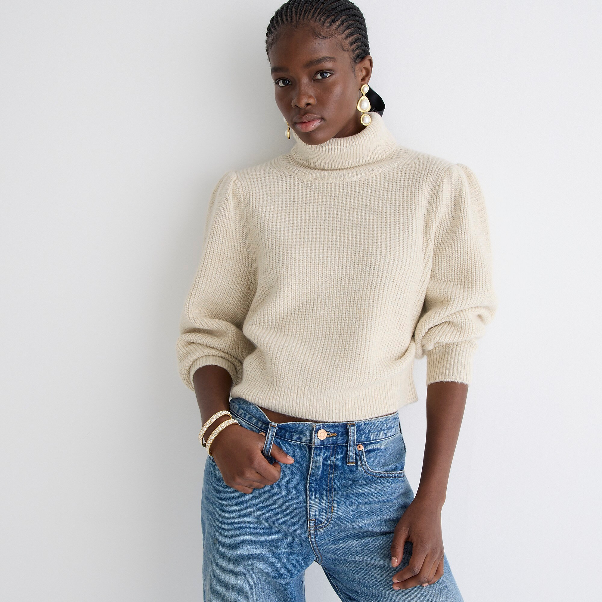 Cropped puff-sleeve turtleneck sweater | J. Crew US