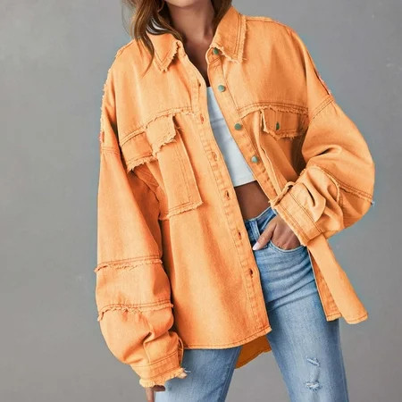 Fayshow0 Deals Up to 50% off Womens Jean Jackets Cheap $25. Or Less Women s Jean Jacket Frayed Washed Button Denim Jacket With Pockets Orange XL | Walmart (US)