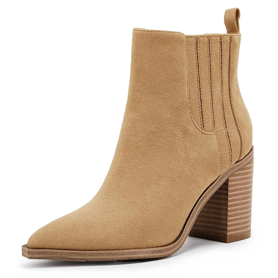 Womens Ankle Boots Slip on Pointed Toe Chunky Block Mid Heel Leather Elastic Panel Casual Chelsea... | Amazon (US)