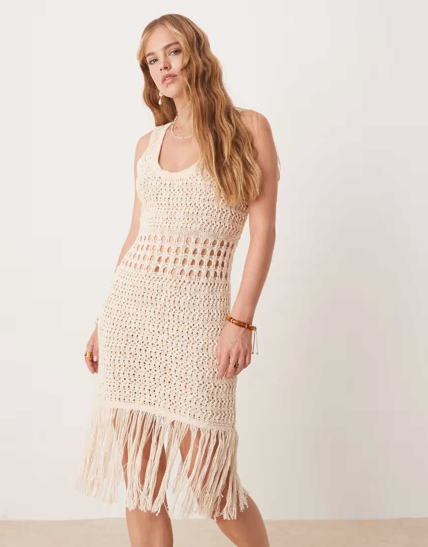 ASOS DESIGN knitted stitch crochet mini dress with fringe detail in stone-Neutral | ASOS (Global)