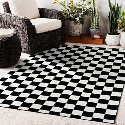 Persian Area Rugs Black 5x7 1909 Checkered White 5 x 7 Area Rug Carpet, 5 ft x 7 ft (1909 Black 5x7) | Amazon (US)