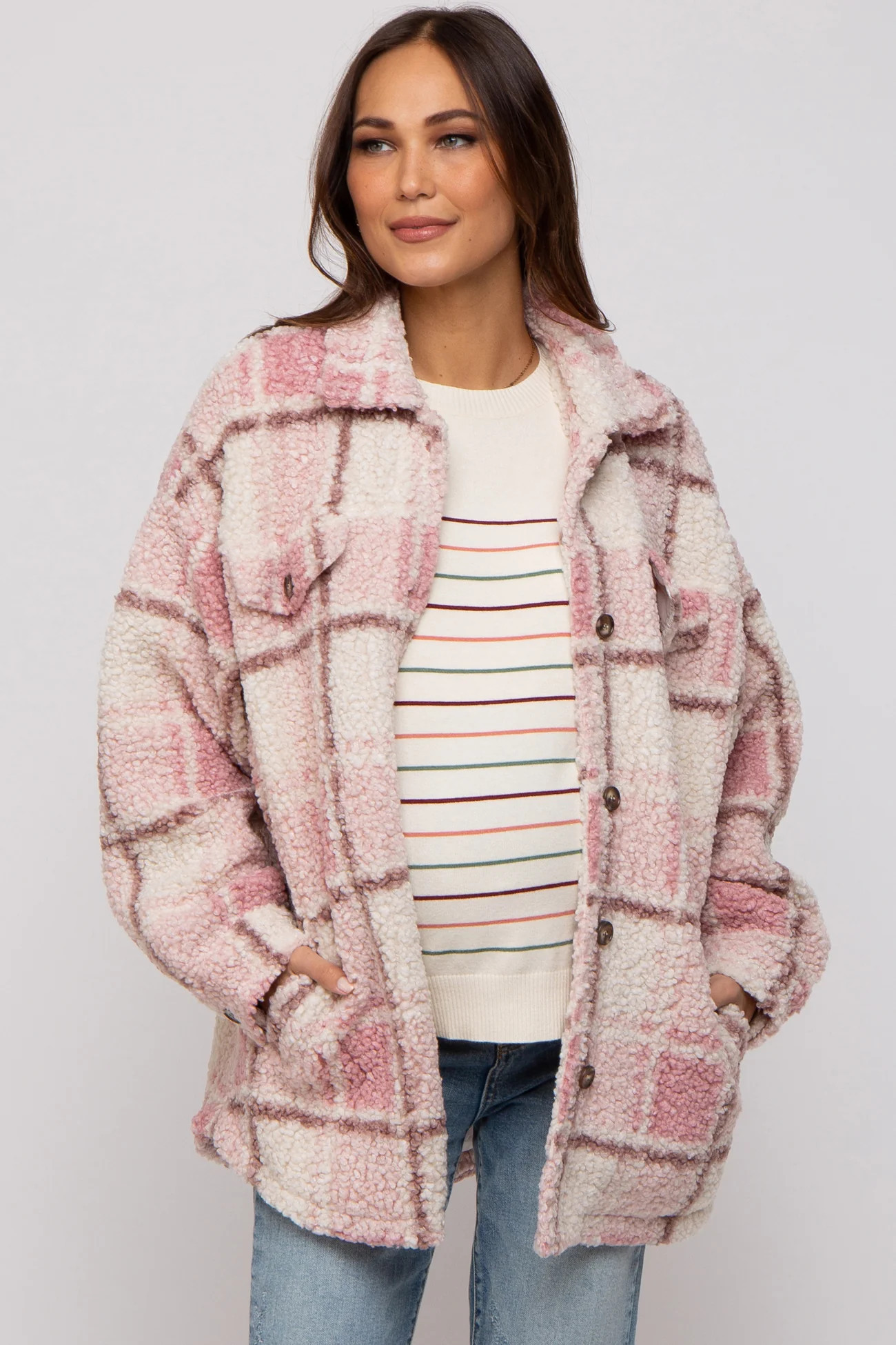 Brown Plaid Sherpa Maternity Jacket | PinkBlush Maternity