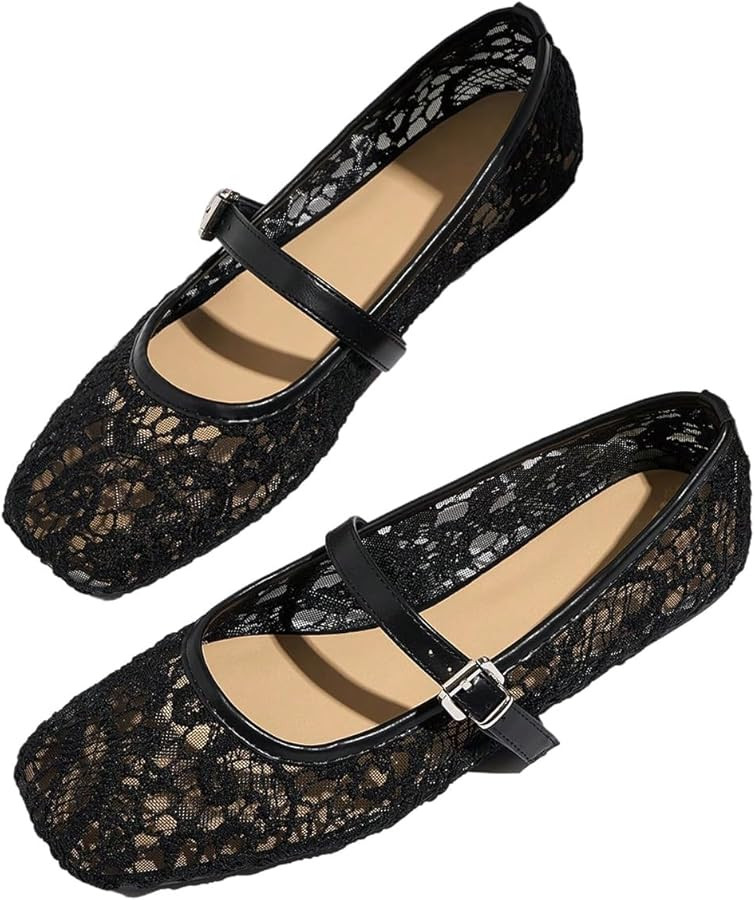 MakeMeChic Women's Lace Mesh Ballet Flats Shoes Square Closed Toe Shoes Breathable Summer Flats | Amazon (US)