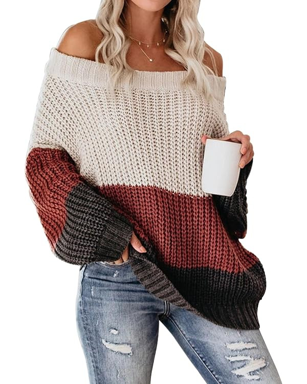 VIMPUNEC Womens Off Shoulder Color Block Sweater Oversized Pullover Top | Amazon (US)