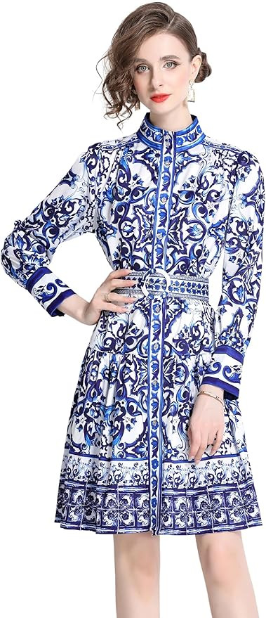 LAI MENG FIVE CATS Women's Floral Print Lantern Sleeve Button Casual A-line Mini Dress with Belt | Amazon (US)