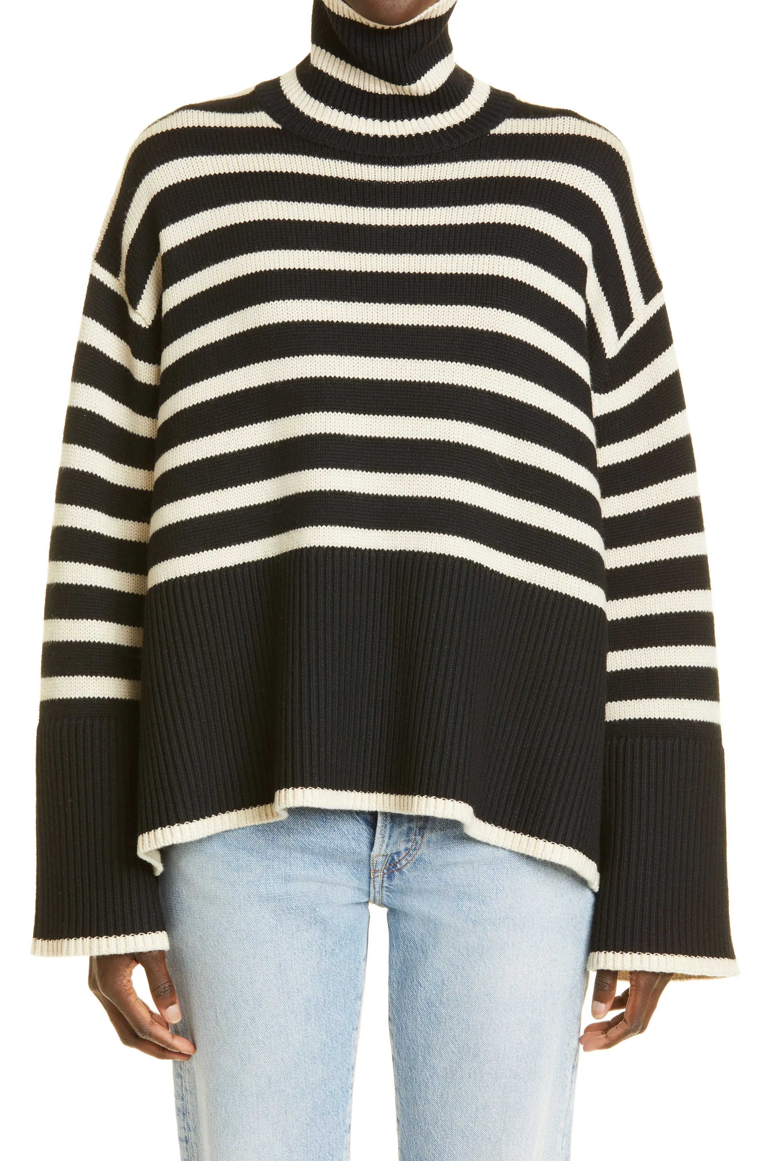 Toteme Stripe Wool Blend Turtleneck Sweater, Size Medium in Black Stripe at Nordstrom | Nordstrom