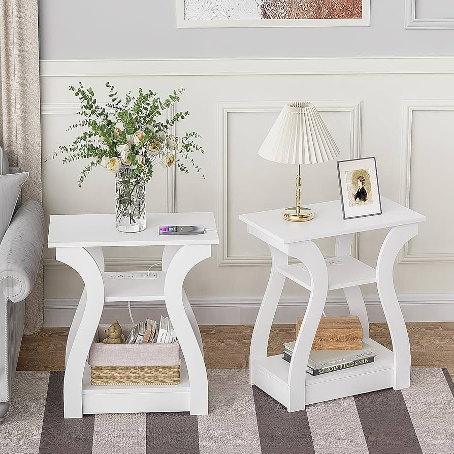 End Tables Living Room Set of 2,End White Table with Charging Station, Side Table, Nightstand for... | Amazon (US)