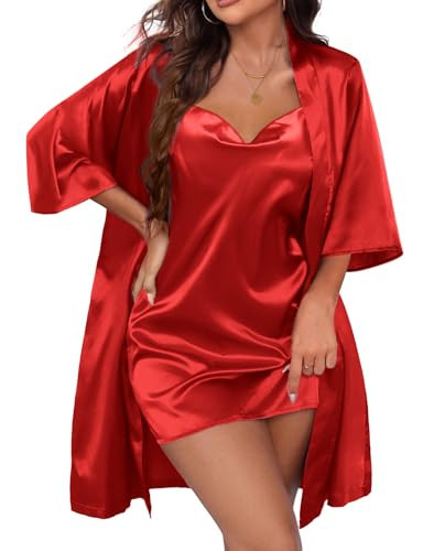 Ekouaer Women's Satin Robe Set Nightgown with Robes Silk Bridesmaid Robe Pajama Set 2 Pieces Lingerie Cowl Neck Cami Sleepwear Sets,Red XXL | Amazon (US)