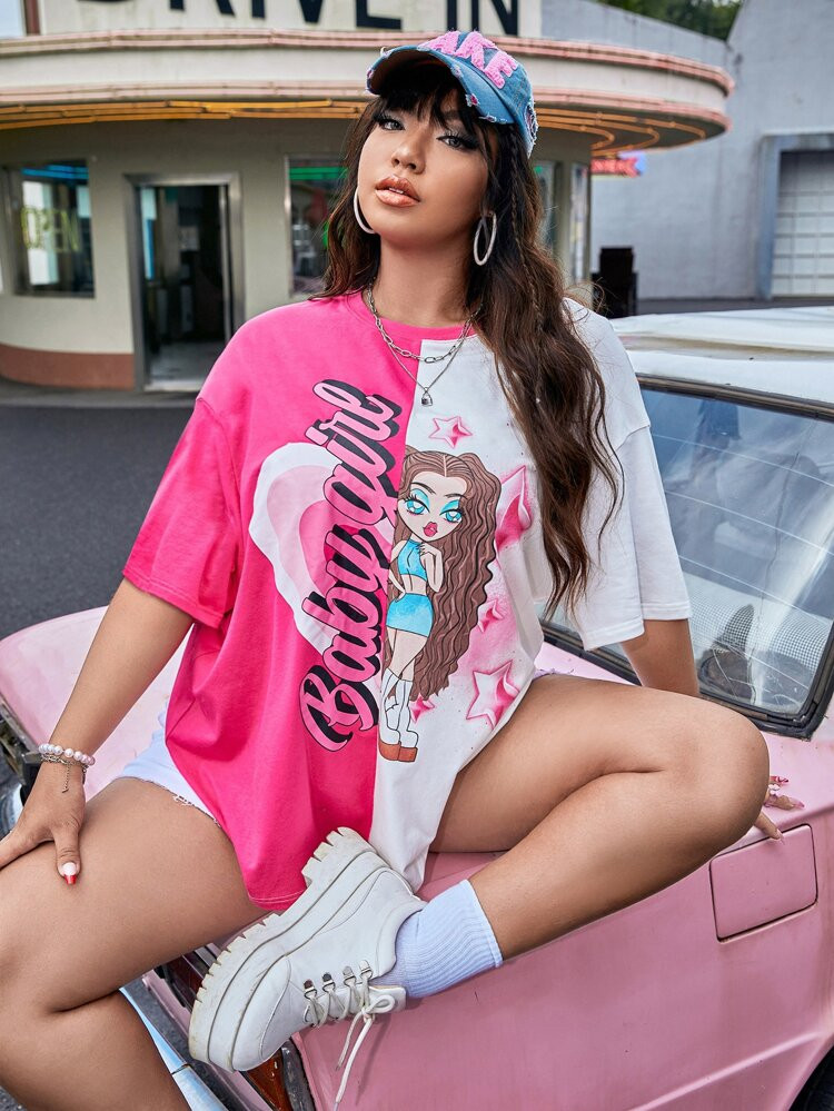 SHEIN Plus Dopamine Dressing Letter & Figure Graphic Drop Shoulder Tee | SHEIN