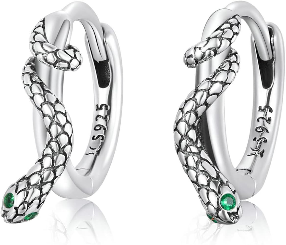 Punk Snake Sleeper Small Hoop Earrings 925 Sterling Silver Personalized Cool Animal Green Crystal... | Amazon (US)