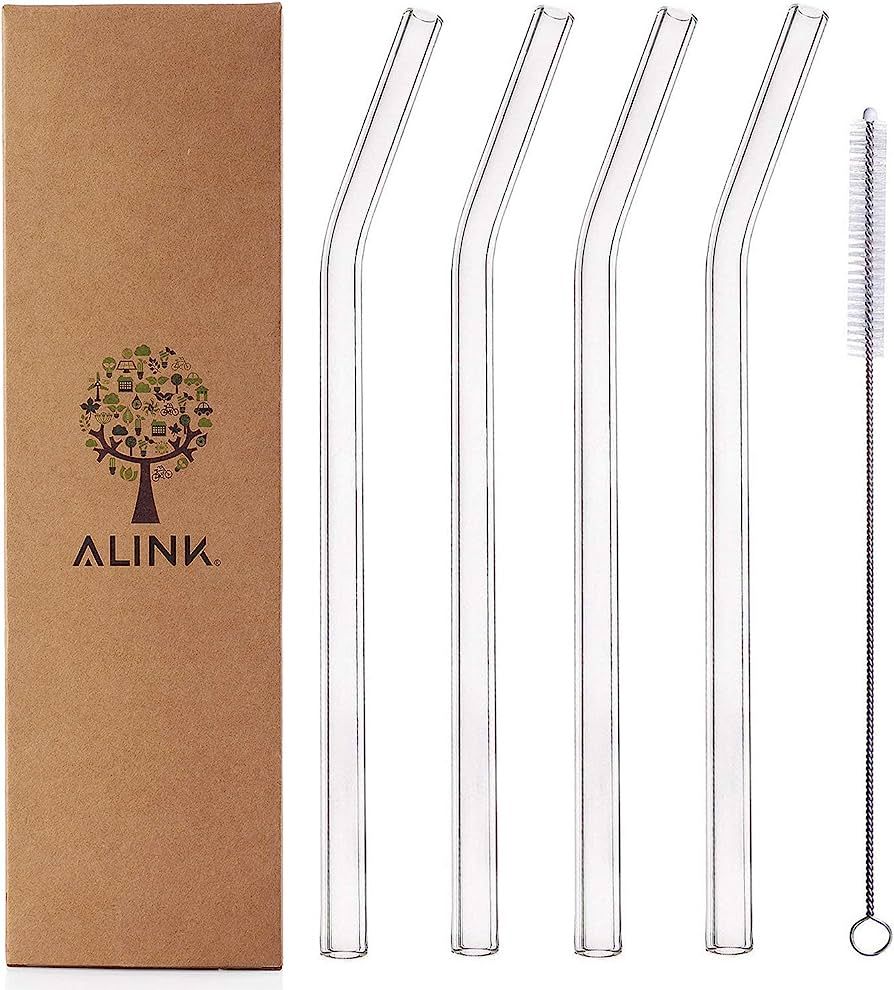 ALINK Glass Smoothie Straws, Reusable Clear Bent 9 in X 10 mm Drinking Straws, Set of 4 with Clea... | Amazon (US)