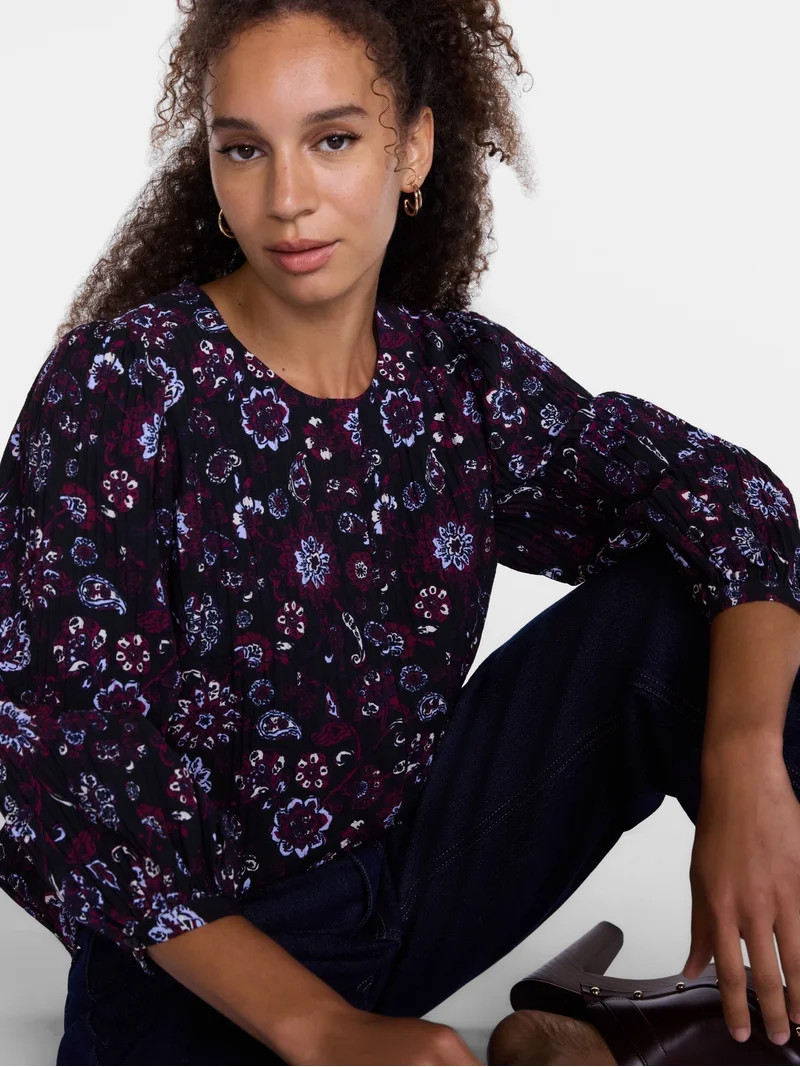 Scenario Women's and Women's Plus Blouse with 3/4-Length Puff Sleeves, Sizes XS-4X | Walmart (US)