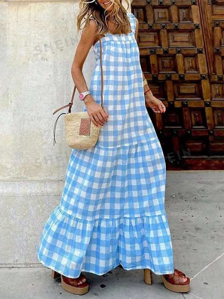 SHEIN VCAY Women's Plaid Printed Ruffled Hem Summer Sleeveless Dress With Wide Shoulder Straps | SHEIN