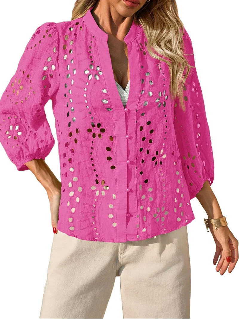 Women 3/4 Sleeve Casual V-neck Blouse Hollow-out Button Tops | Walmart (US)
