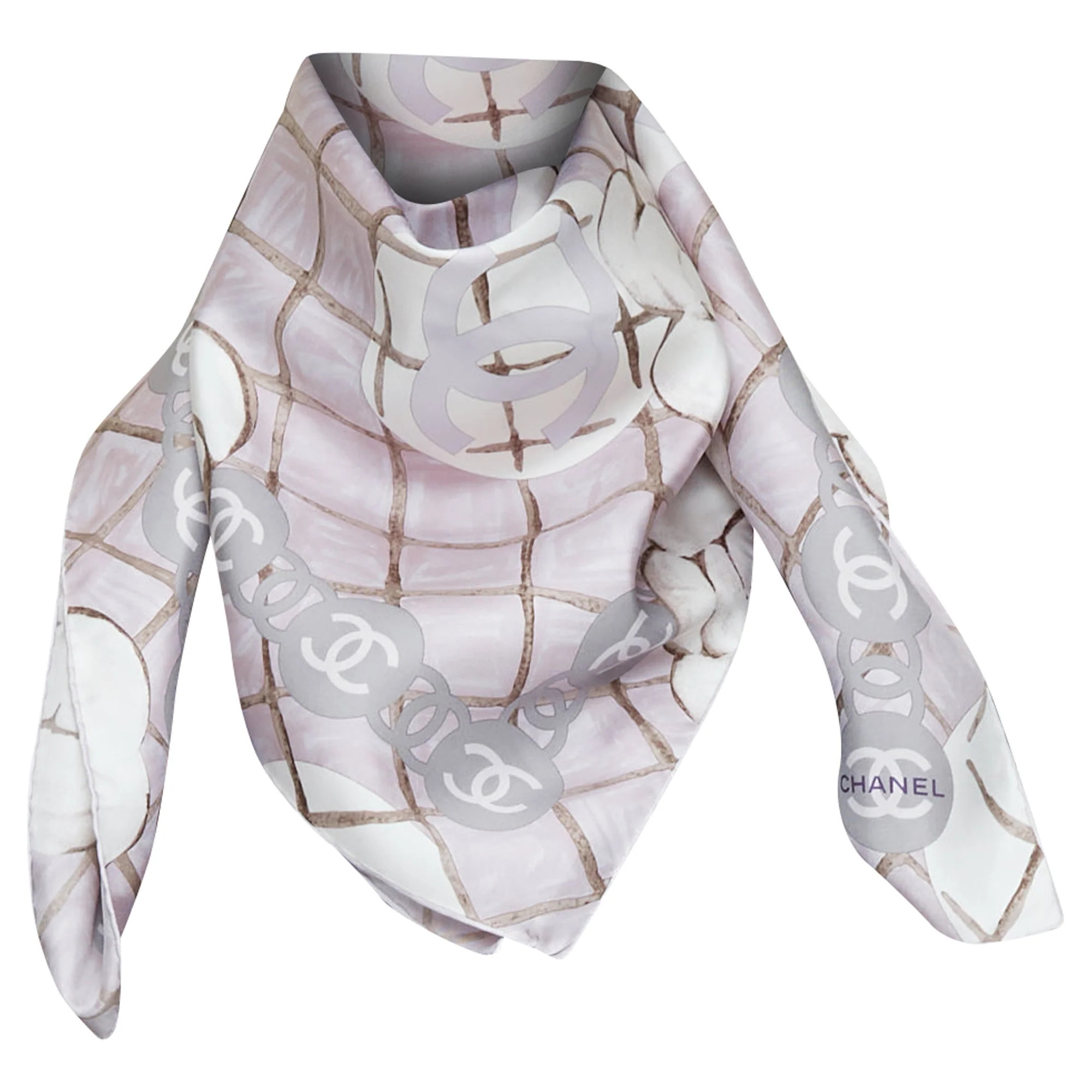 CHANEL 100% silk pink grey CC logo camellia flowers checkered pearl scarf 85cm | Shop Simon