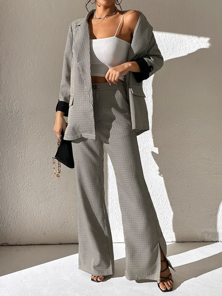 1pc Plaid Print Contrast Cuff Open Front Blazer | SHEIN