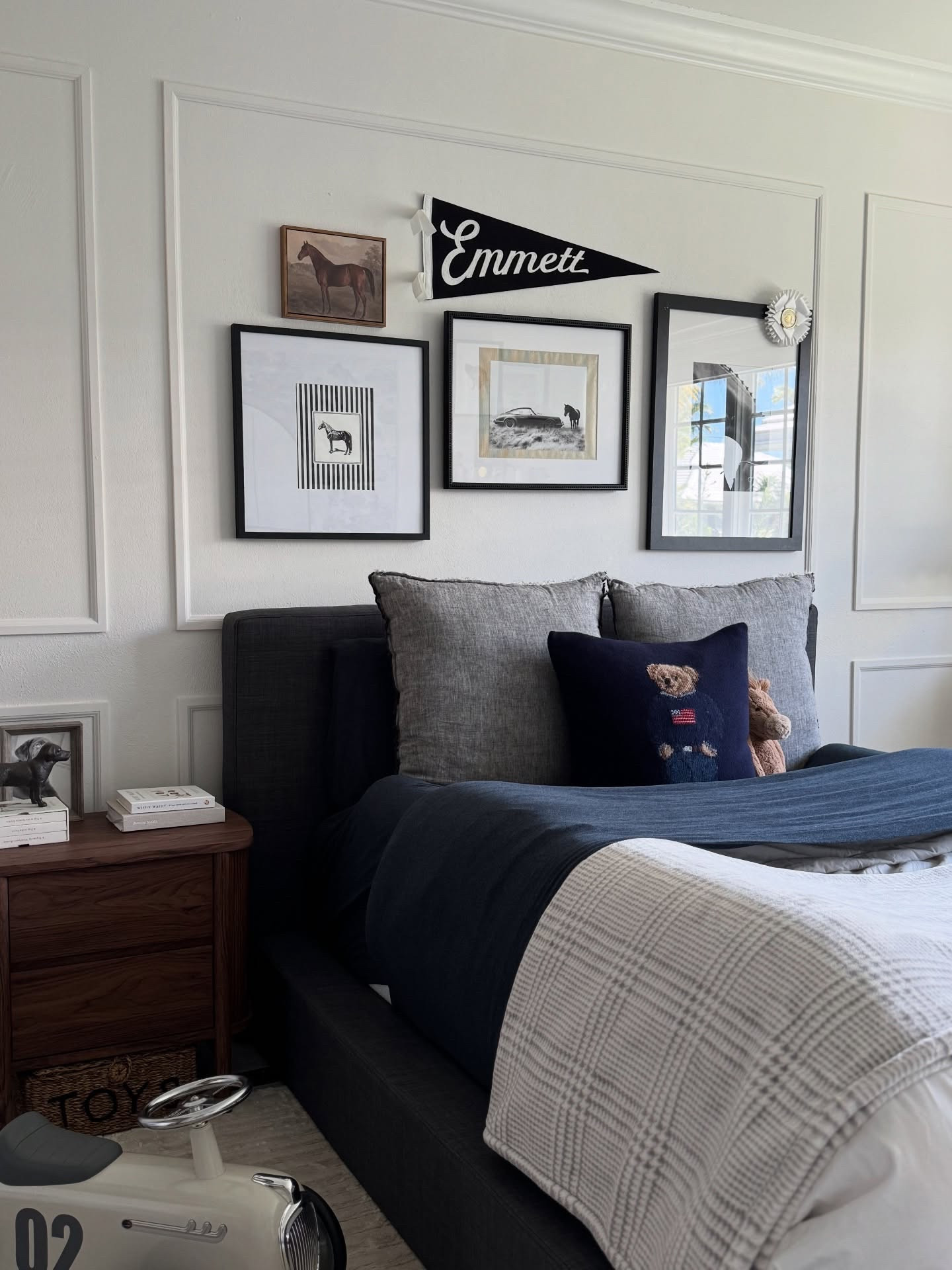 Added a layer of equestrian charm 🐴✨🧸 

Designing his space is so special to me. I want it to feel cozy now, but timeless forever. These horse prints are everything 🐴🤎 and added one of my dad’s competition ribbons which adds the most special touch to this room 🤍✨🐴

I have linked everything for you. Follow and comment LINKS for direct links sent over to your DM ✨

#equestrianstyle #equestriandecor #classicinteriors #boymom #ralphlauren