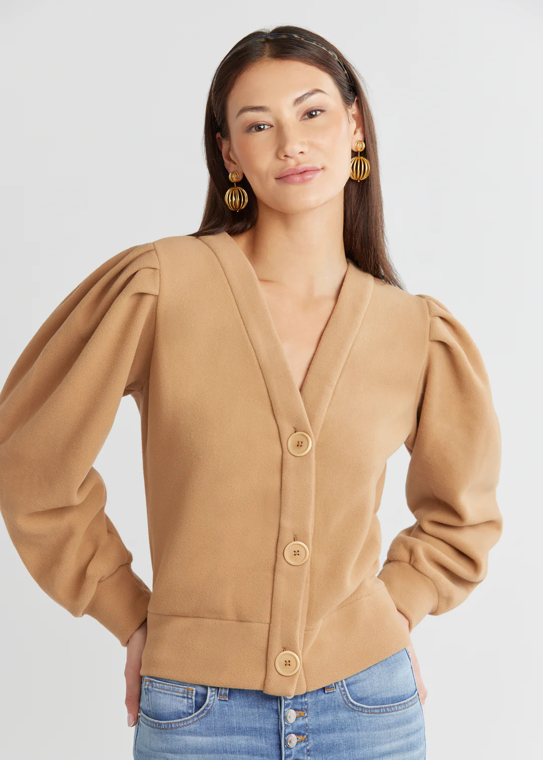 Kelly Puff Sleeve Cardigan in Vello Fleece (Camel) | Dudley Stephens