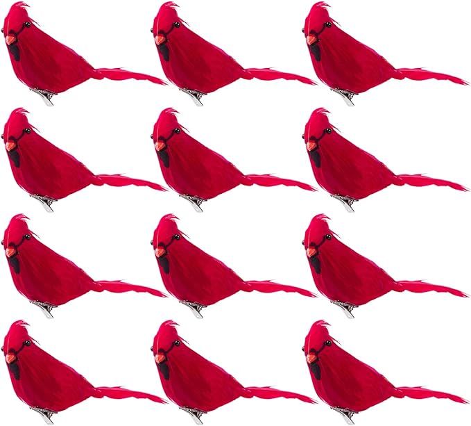 Tinsow 12 PCS Handmade Artificial Feathered Cardinal Christmas Ornament Clipped on the Christmas ... | Amazon (US)