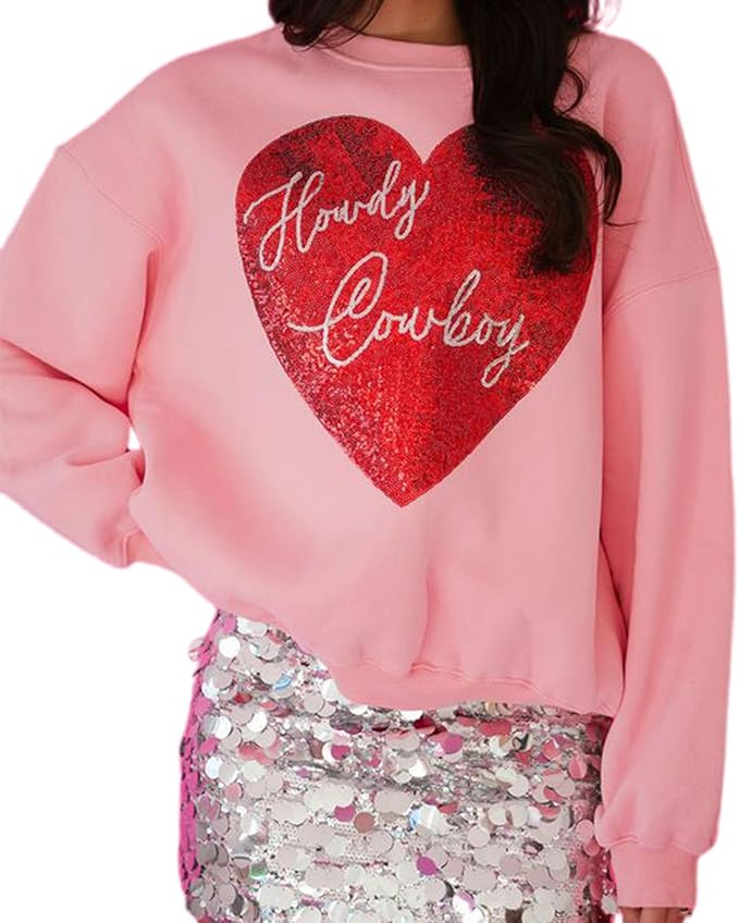 DSORVICD Women Valentine Sequin Sweatshirts Cute Heart Oversized Long Sleeve Crew Neck Pullover Y... | Amazon (US)