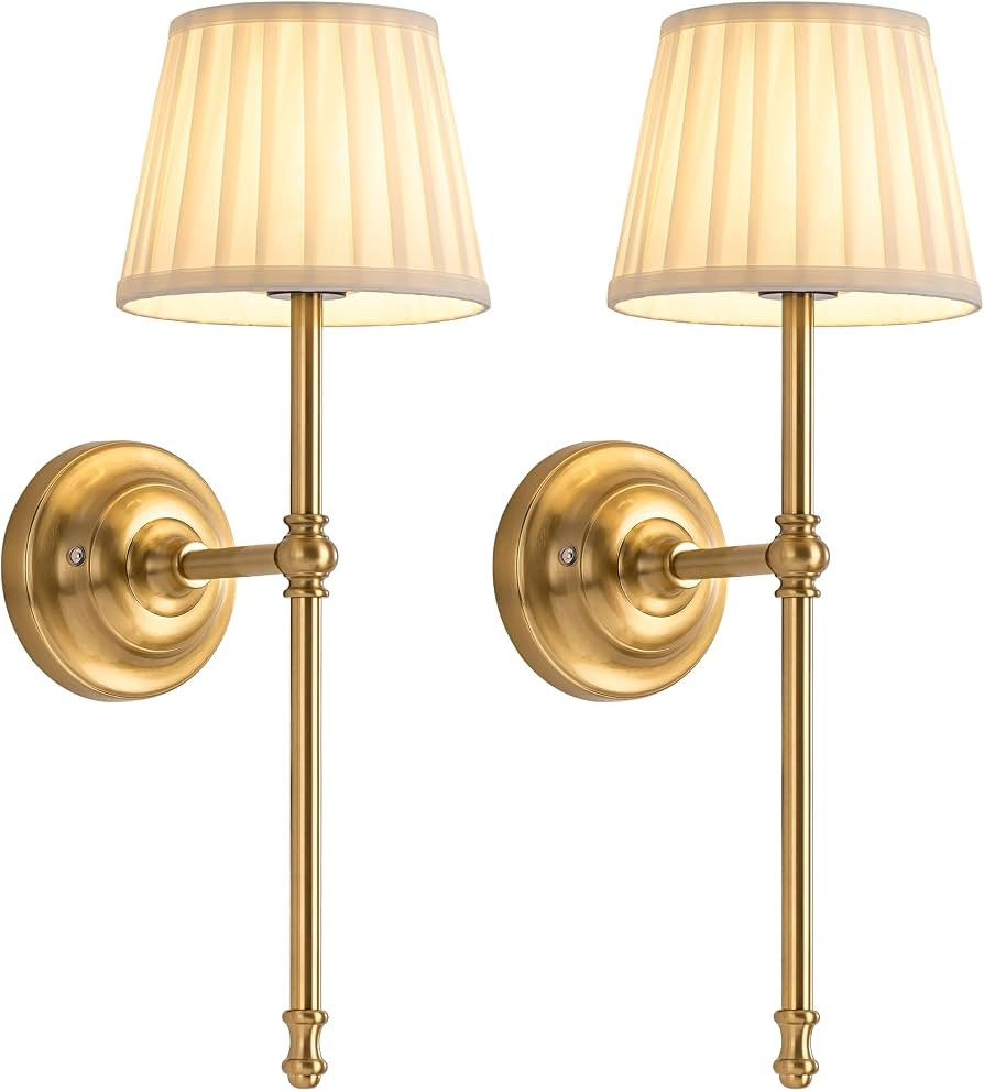 KDG Gold Cordless Wall Sconces Set of 2, Beige Fabric LED Wall Lamps | Amazon (US)
