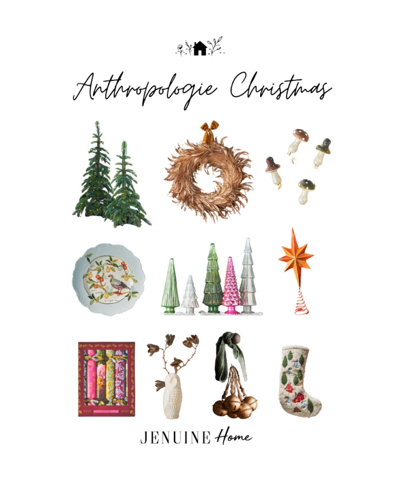 Anthropologie Christmas decor. Anthropologie pre light Christmas tree. Golden feather wreath. Glass Christmas trees. Owl vase. Sleigh bells. Stocking. Christmas crackers. Gold tree star. Twelve nights of Christmas plates. Mushroom ornaments. Whimsical Christmas. Boho Christmas  

#LTKSeasonal #LTKHoliday #LTKhome