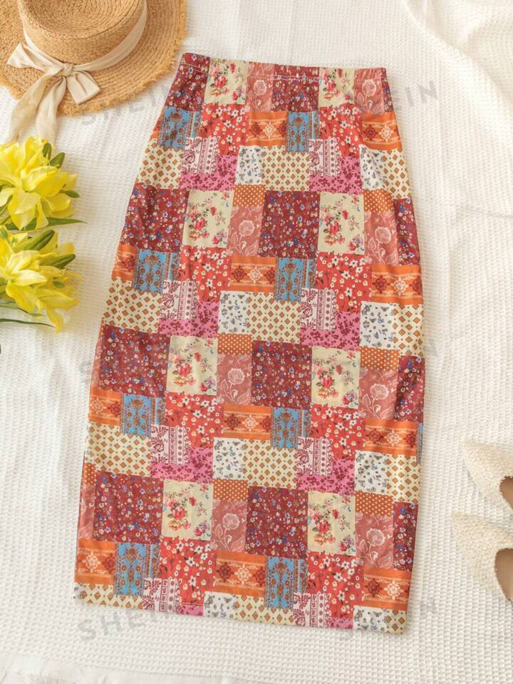 SHEIN WYWH Plus Size Women's Patchwork Printed Mid-Length Skirt, Vacation Style | SHEIN