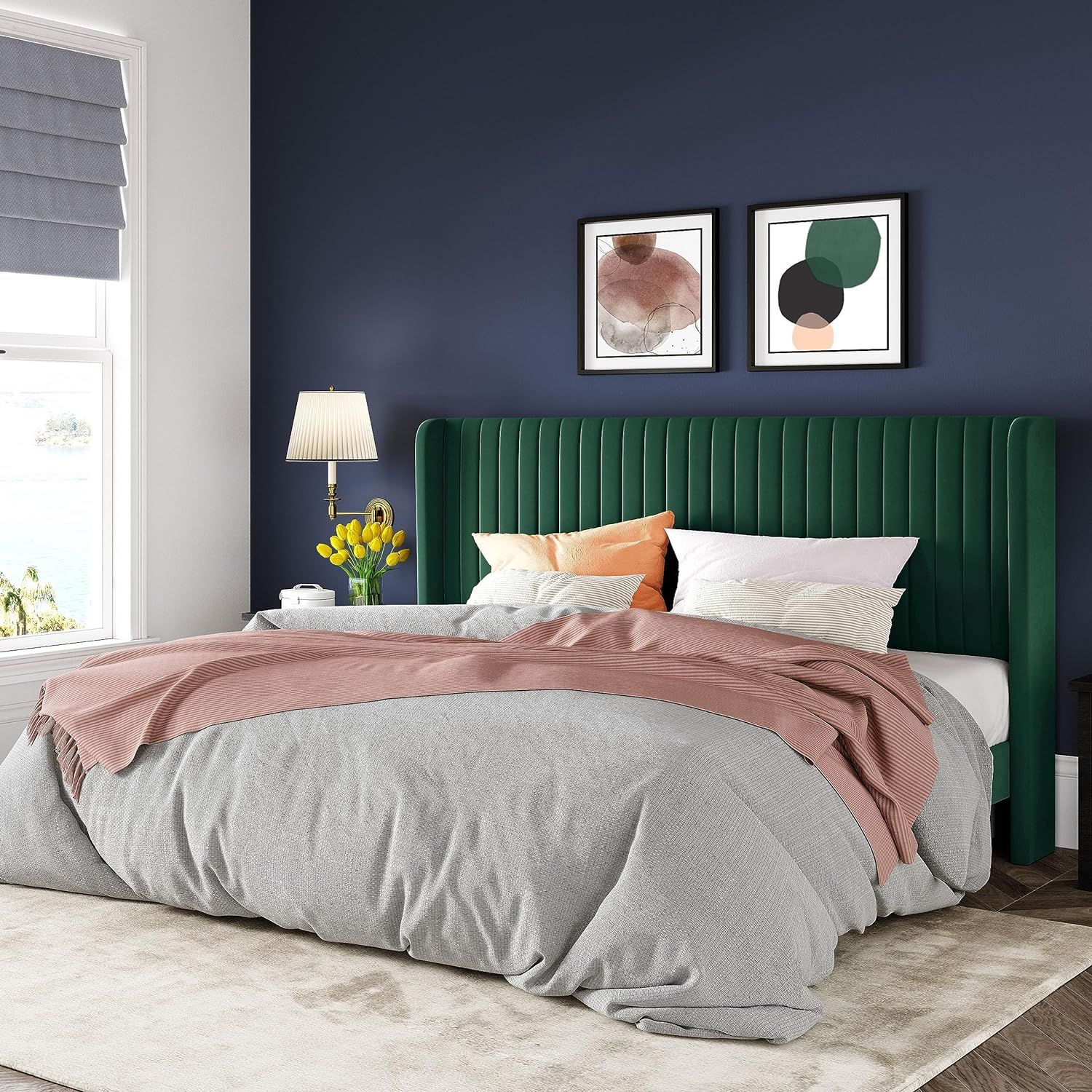 Allewie King Size Bed Frame/Velvet Upholstered Platform Bed/Vertical Channel Tufted Wingback Head... | Amazon (US)
