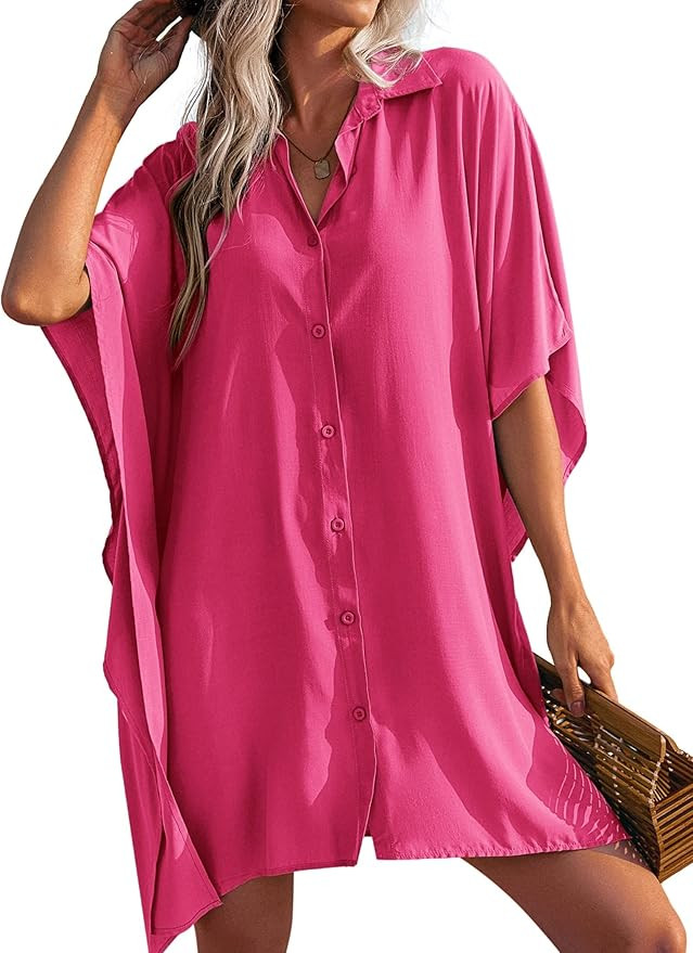 Ekouaer Women's Swimsuit Cover Up 3/4 Sleeve Beachwear Bikini Coverups Button Down Oversized Cove... | Amazon (US)