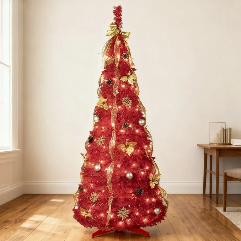 Bringstar 6ft Red Pop Up Christmas Tree Pre Lit with 150 Lights, Pre Decorated Artificial Xmas Tr... | Walmart (US)