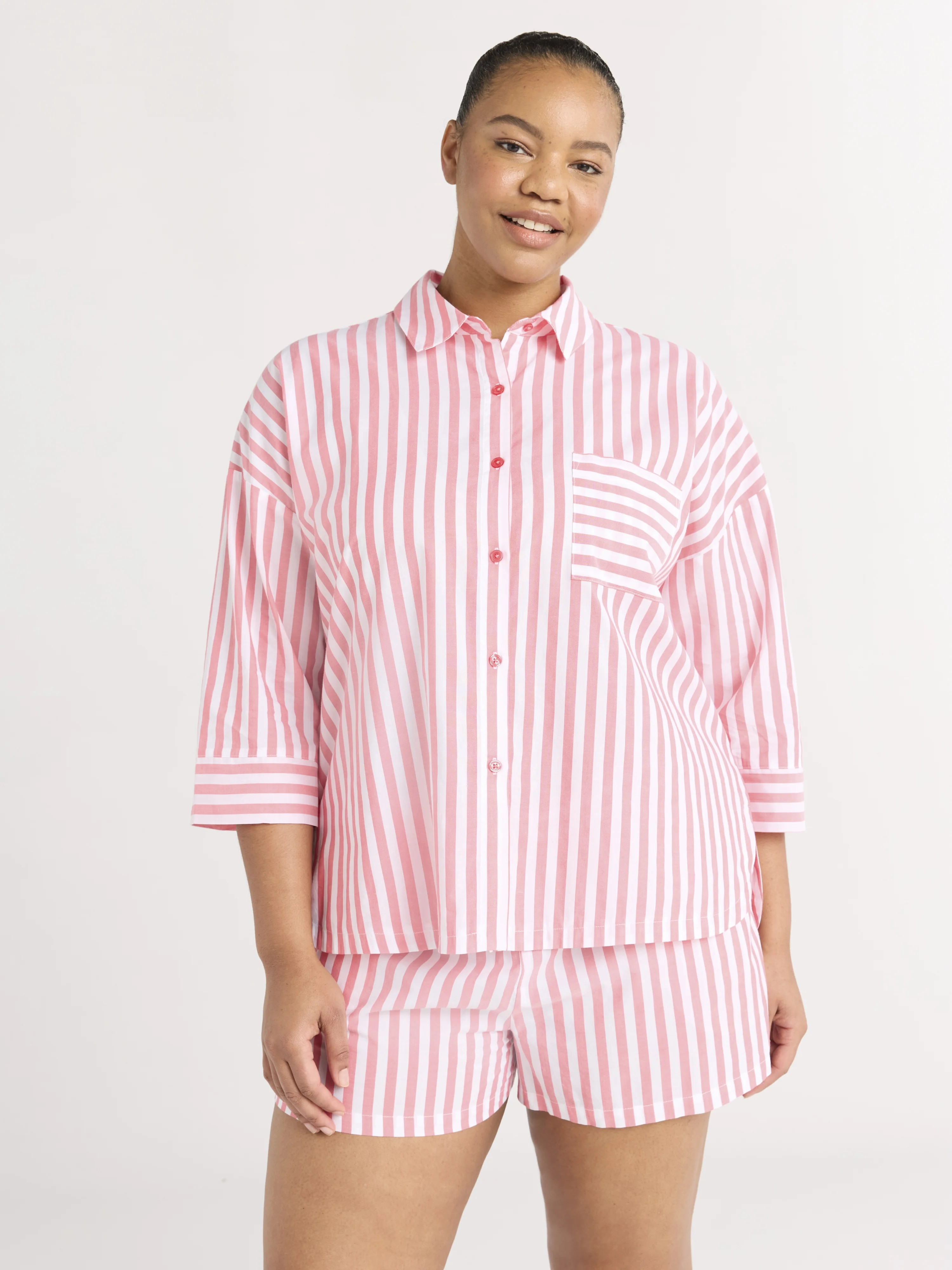 Joyspun Women’s Woven ¾ Sleeve Notch Collar Top and Boxer Shorts Pajama Set, Sizes XS-3X | Walmart (US)