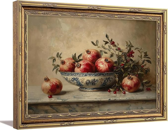 Framed Vintage Pomegranate Still Life Wall Art, Moody Kitchen Canvas Wall Decor, Rustic Fruit Bow... | Amazon (US)
