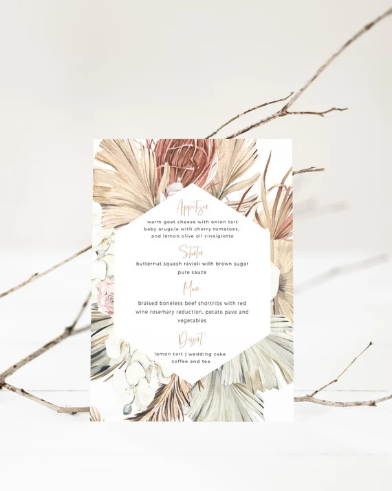 Menu Card Template, Pampas Grass Menu, Boho Menu Card, Editable Menu, Printable Wedding Menu Temp... | Etsy (US)