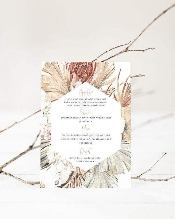 Menu Card Template, Pampas Grass Menu, Boho Menu Card, Editable Menu, Printable Wedding Menu Temp... | Etsy (US)